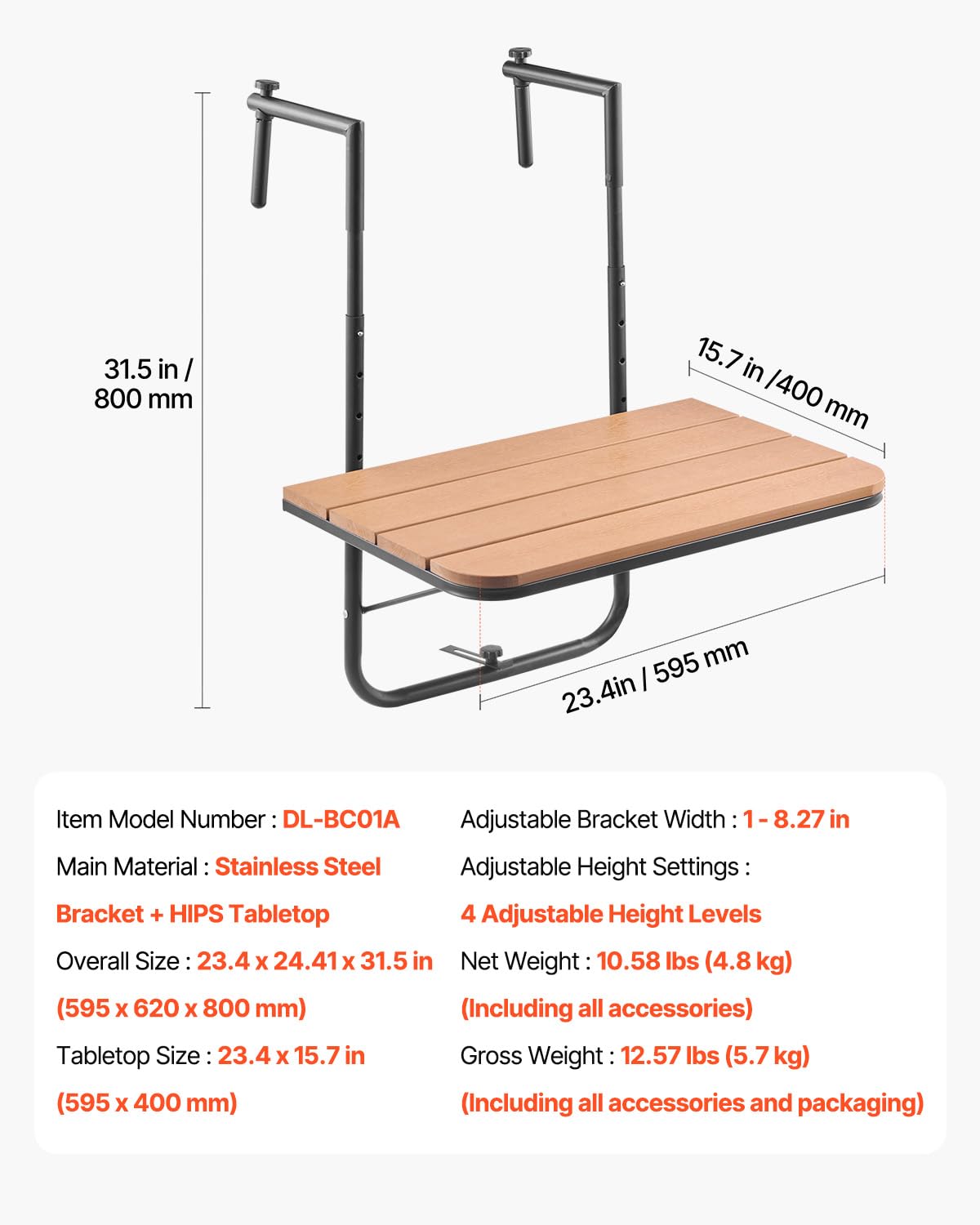 Foto 7 | Mesa Colgante Vevor, Barandilla Para Balcón, 23 X 40 Cm, Ajustable En 4 Niveles - Venta Internacional.