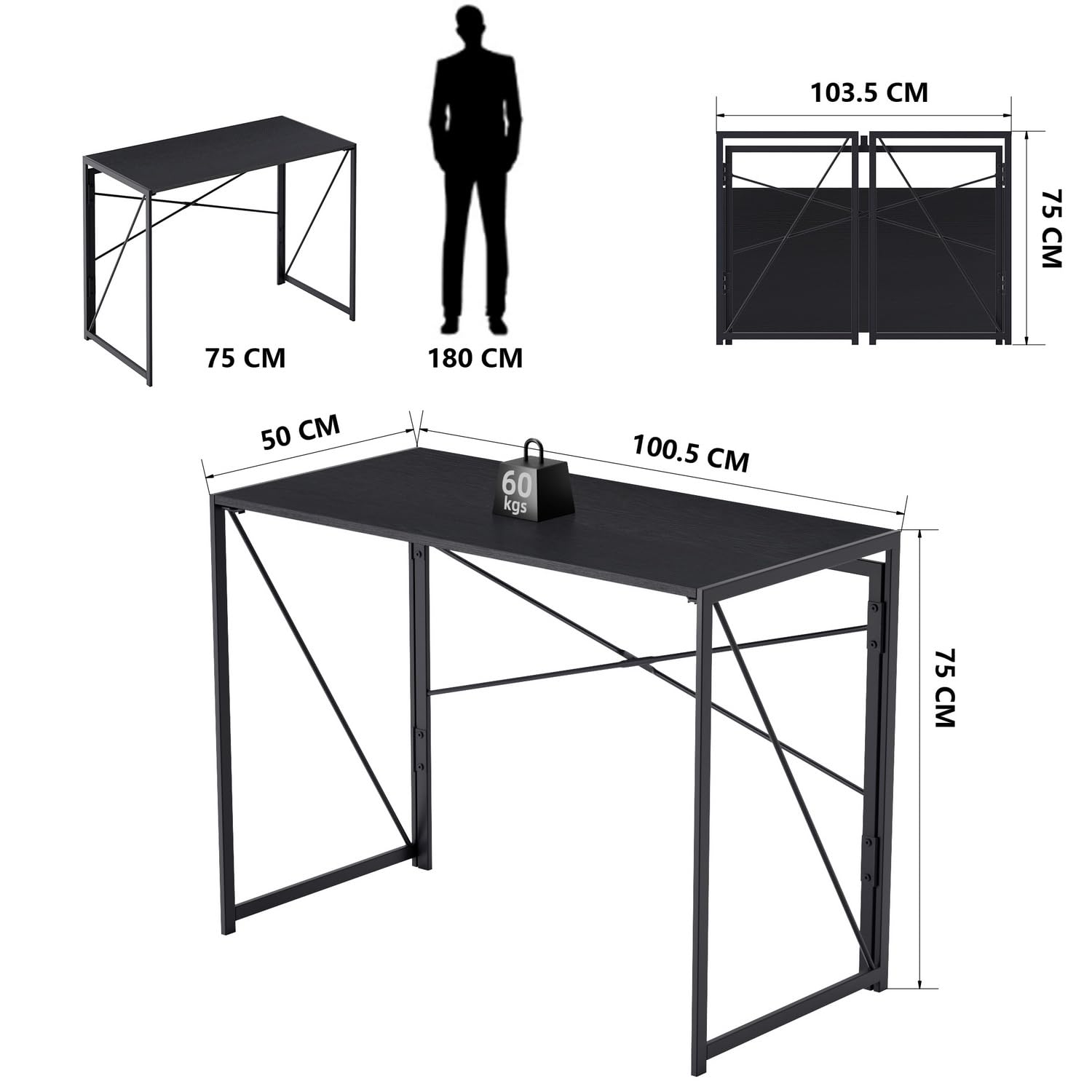 Foto 3 | Escritorio Plegable Furniturer Harper Negro 100 X 50 X 75 Cm