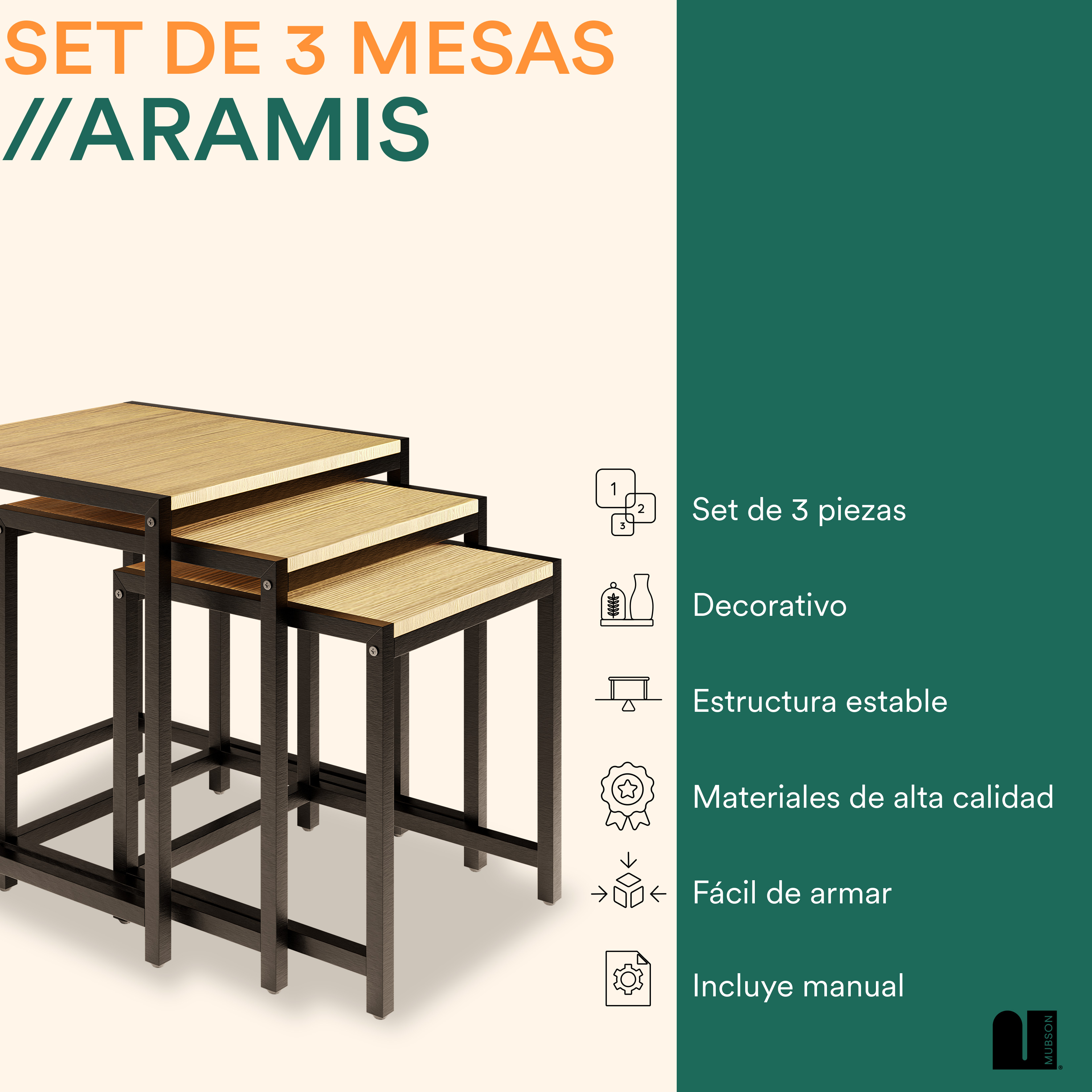 Foto 2 | Mesa de Centro Mubson Aramis color Beige 3 Piezas