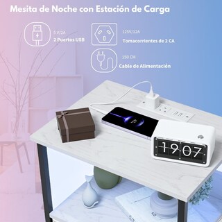 Foto 6 | Mesitas De Noche Con Luces Led Mesas Auxiliar De Carga 2 Puertos Usb 2 Tomas De Corriente Blanco Gomyhome