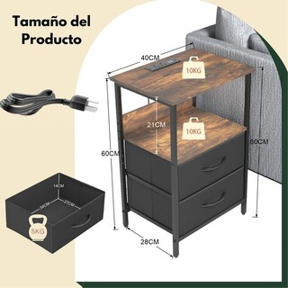 Foto 2 | Mesitas De Noche Con Luces Led Mesas Auxiliar De Carga 2 Puertos Usb 2 Tomas De Corriente Marron Gomyhome