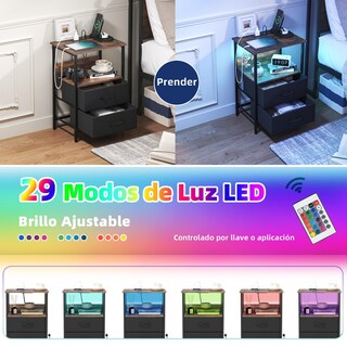 Foto 4 | Mesitas De Noche Con Luces Led Mesas Auxiliar De Carga 2 Puertos Usb 2 Tomas De Corriente Marron Gomyhome