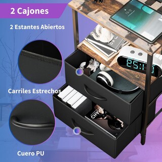 Foto 5 | Mesitas De Noche Con Luces Led Mesas Auxiliar De Carga 2 Puertos Usb 2 Tomas De Corriente Marron Gomyhome
