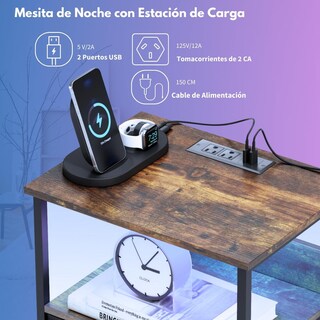 Foto 6 | Mesitas De Noche Con Luces Led Mesas Auxiliar De Carga 2 Puertos Usb 2 Tomas De Corriente Marron Gomyhome