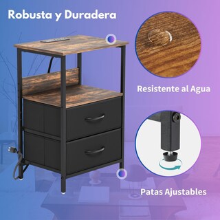 Foto 7 | Mesitas De Noche Con Luces Led Mesas Auxiliar De Carga 2 Puertos Usb 2 Tomas De Corriente Marron Gomyhome