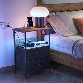 Foto 8 | Mesitas De Noche Con Luces Led Mesas Auxiliar De Carga 2 Puertos Usb 2 Tomas De Corriente Marron Gomyhome