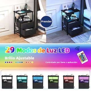 Foto 4 | Mesitas De Noche Con Luces Led Mesas Auxiliar De Carga 2 Puertos Usb 2 Tomas De Corriente Negro Gomyhome