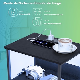 Foto 7 | Mesitas De Noche Con Luces Led Mesas Auxiliar De Carga 2 Puertos Usb 2 Tomas De Corriente Negro Gomyhome