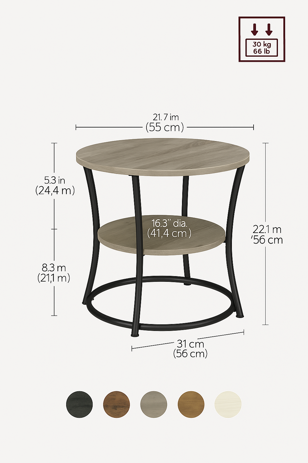 Foto 6 | Mesa Auxiliar Redonda Vasagle Con 2 Estantes De Almacenamiento En Color Gris/negro - Venta Internacional.