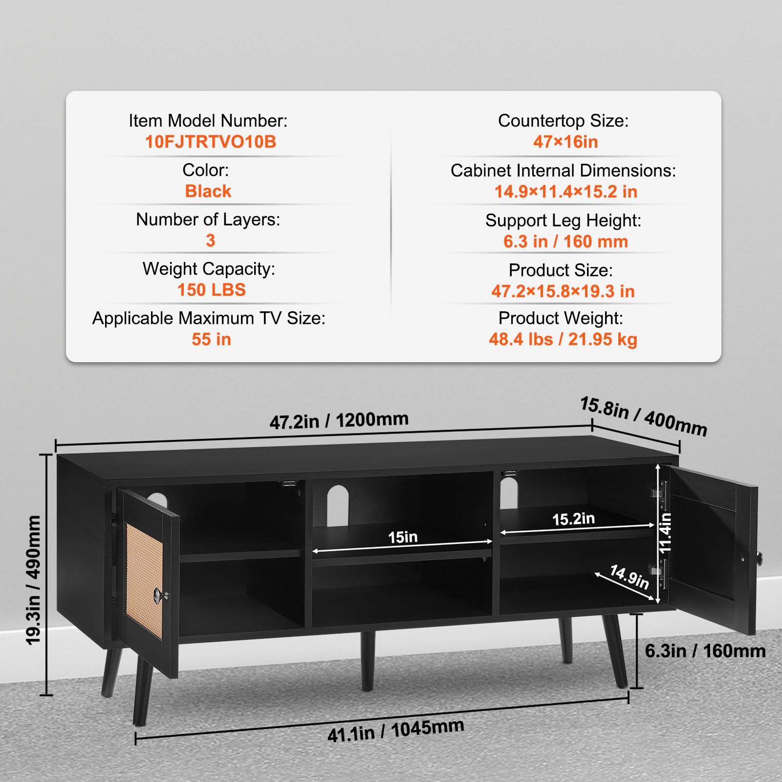 Foto 7 | Soporte De Tv Vevor Rattan Para Tv De 55 Pulgadas Con Estantes Ajustables - Venta Internacional.