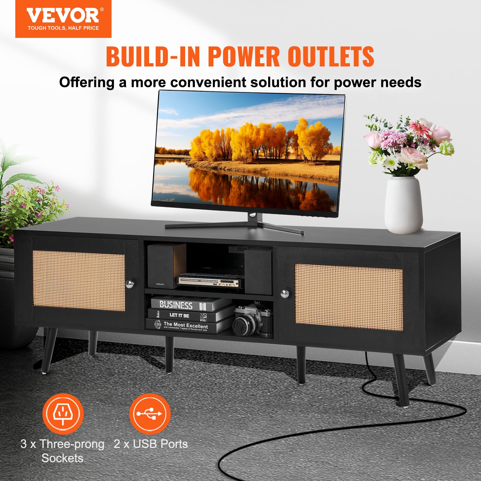 Foto 3 pulgar | Soporte De Tv Vevor Rattan Para Tv De 65 Pulgadas Con Conector Y Puertos Usb - Venta Internacional.