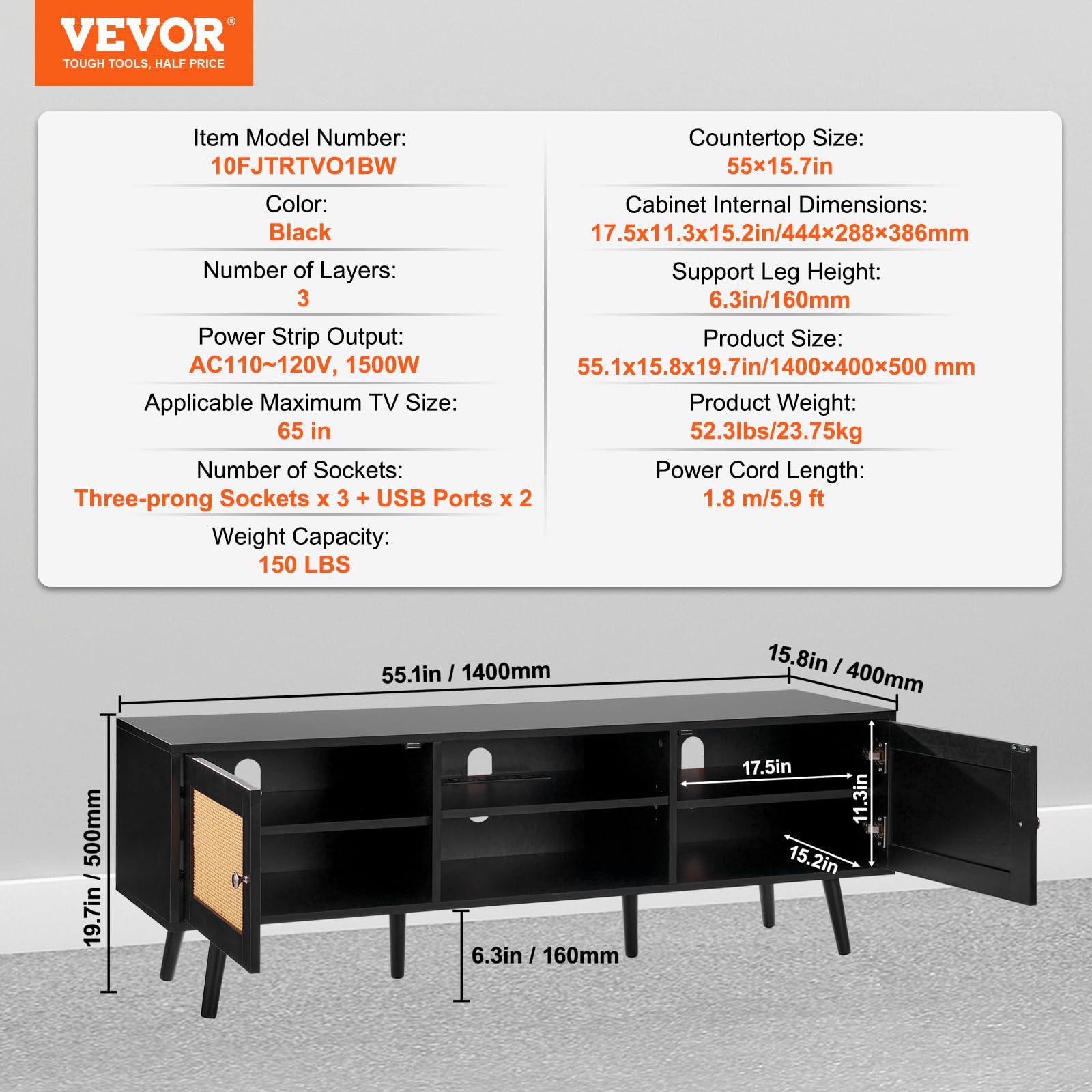 Foto 8 pulgar | Soporte De Tv Vevor Rattan Para Tv De 65 Pulgadas Con Conector Y Puertos Usb - Venta Internacional.