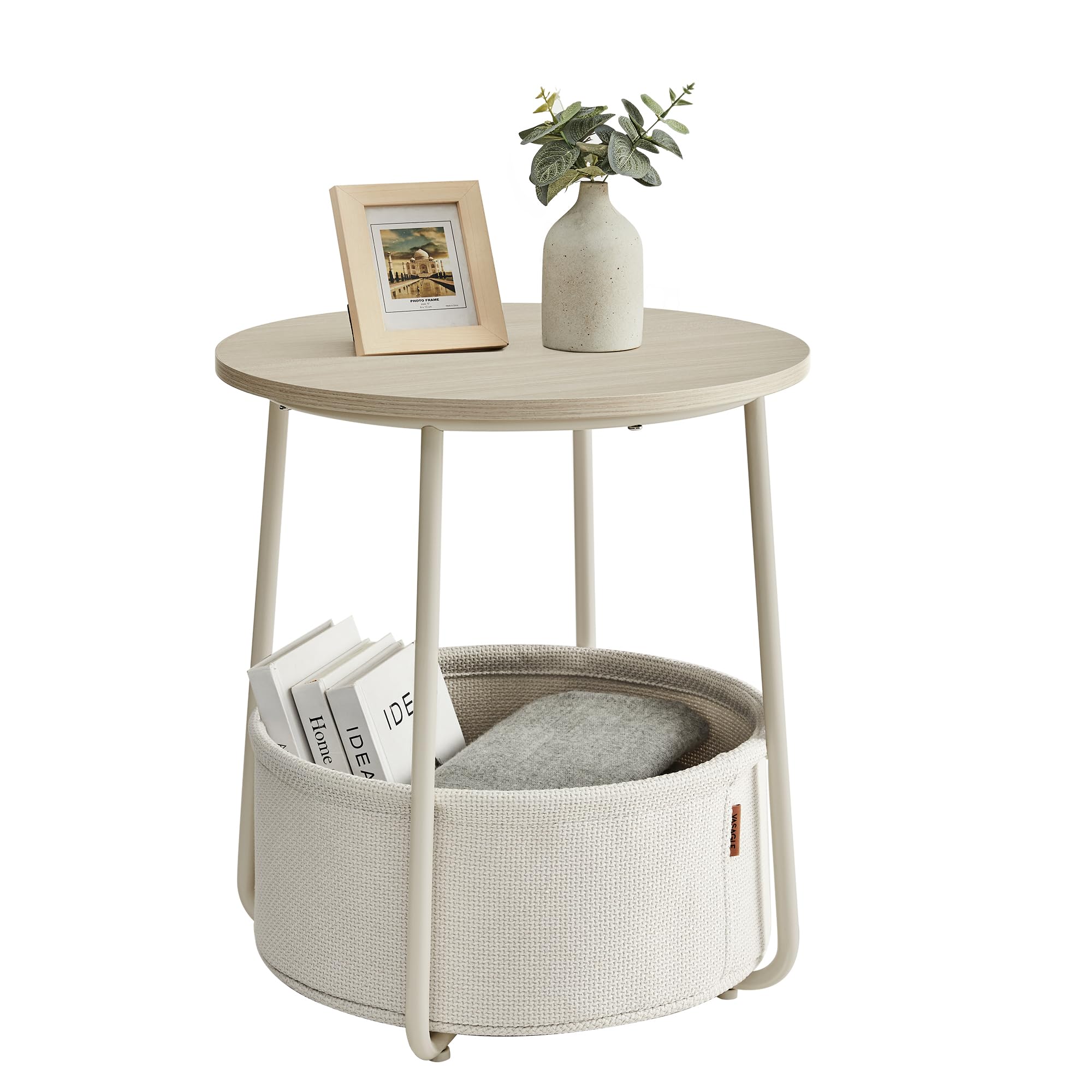 Mesa Auxiliar Vasagle Redonda Pequeña Con Cesta De Tela, Color Crema - Venta Internacional.