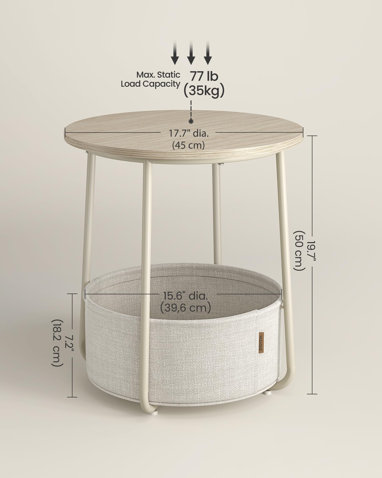 Foto 6 | Mesa Auxiliar Vasagle Redonda Pequeña Con Cesta De Tela, Color Crema - Venta Internacional.