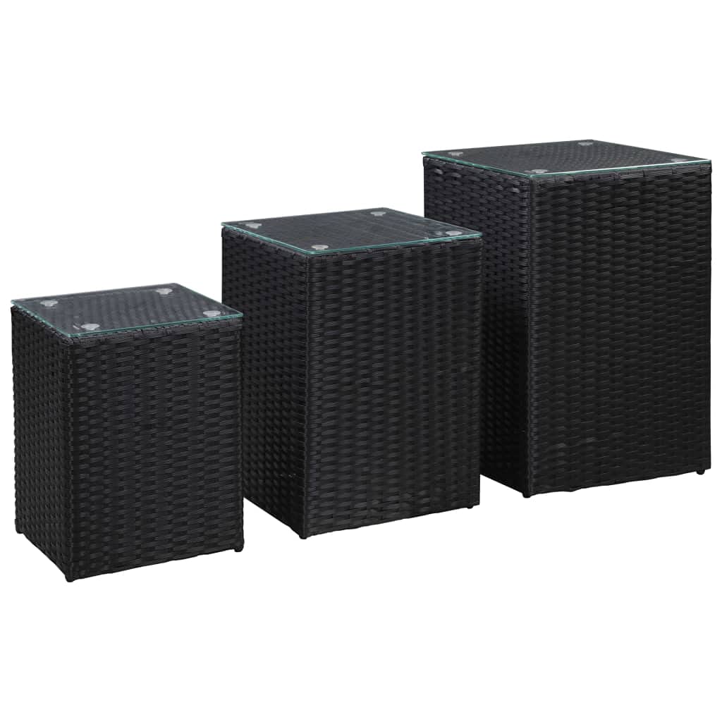 Mesas Auxiliares Vidaxl  3 Unidades Con Tapa De Cristal  Poliratán Negro - Venta Internacional.