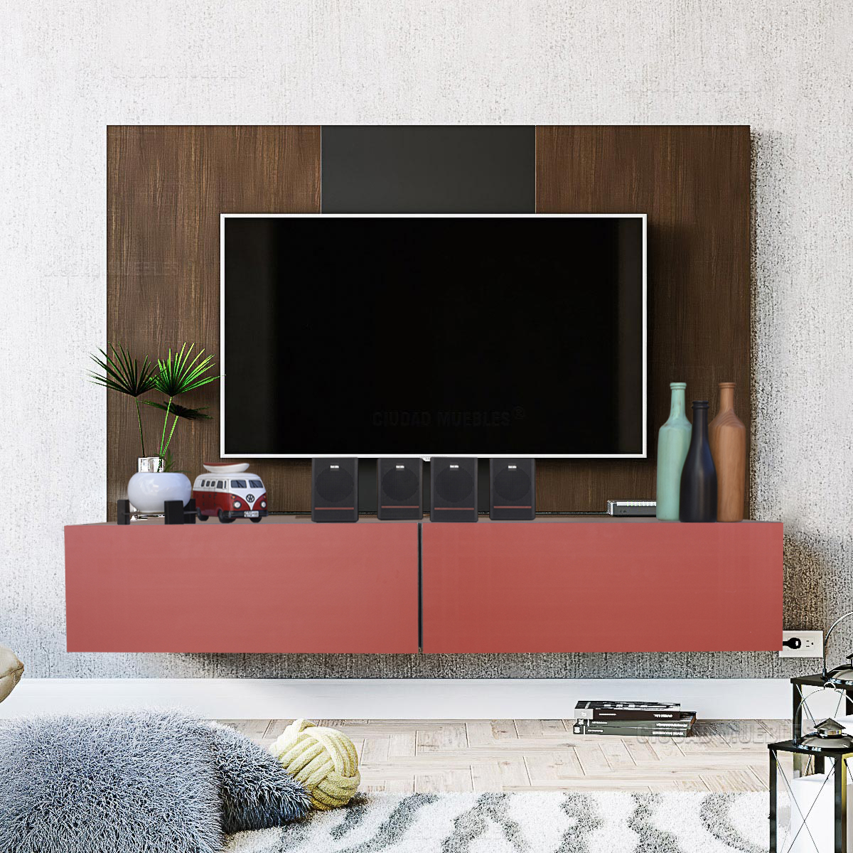 Foto 2 | Mueble Flotante 2 Puertas para Tv Hogare Moderno 120 Cm color Negro con Rojo