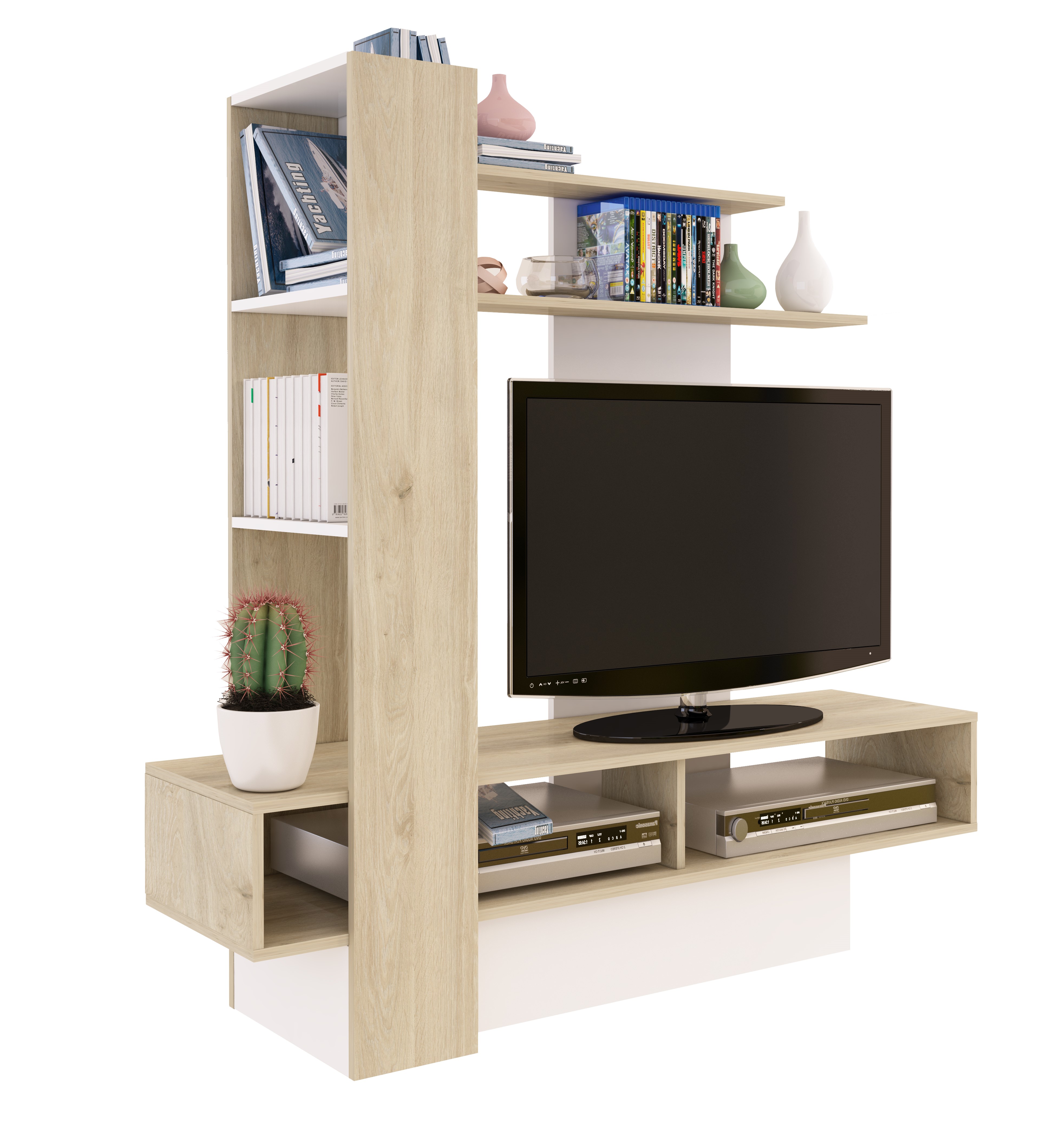 Foto 4 pulgar | Mueble Para Tv Blanco Y Madera Con Entrepaños Y Zonas De Almacenamiento Apto Para Tv De Hasta 46 Pulgadas