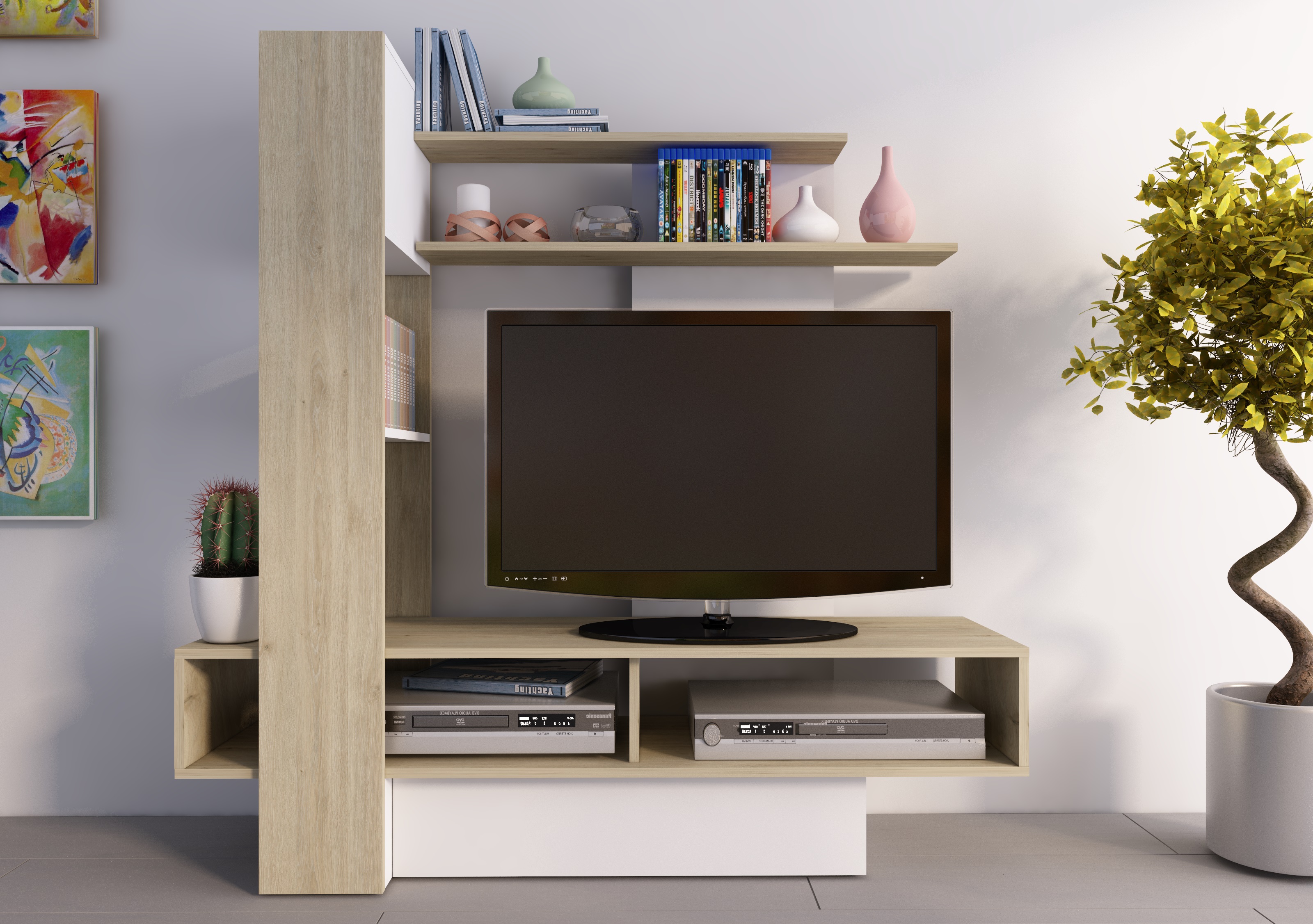 Foto 5 pulgar | Mueble Para Tv Blanco Y Madera Con Entrepaños Y Zonas De Almacenamiento Apto Para Tv De Hasta 46 Pulgadas