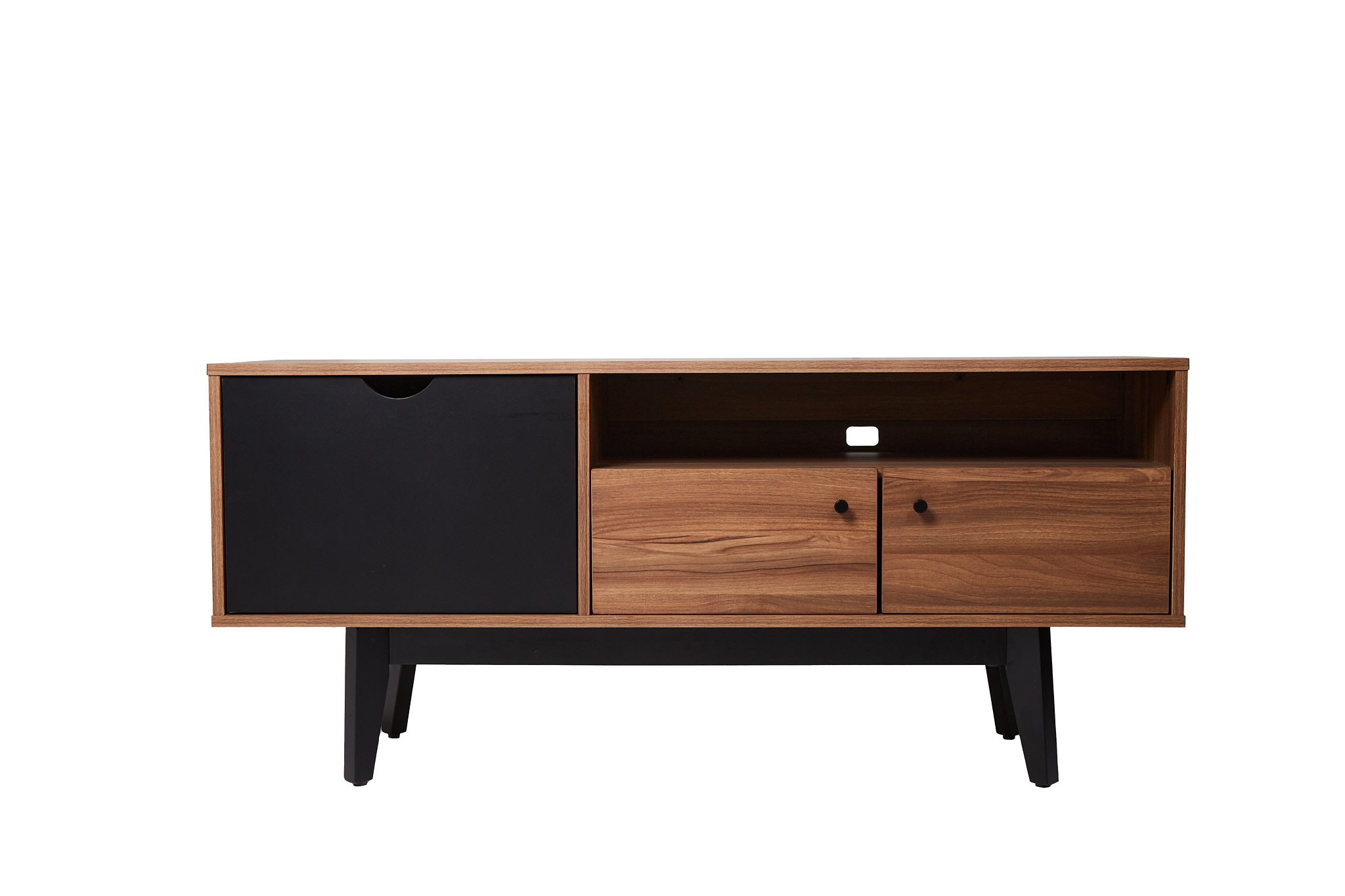 Mueble De Tv Negro Y Nogal Con 3 Puertas Para Almacenamiento. Patas De Madera De Pino Y Recubierto En Melamina