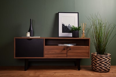 Foto 6 | Mueble De Tv Negro Y Nogal Con 3 Puertas Para Almacenamiento. Patas De Madera De Pino Y Recubierto En Melamina