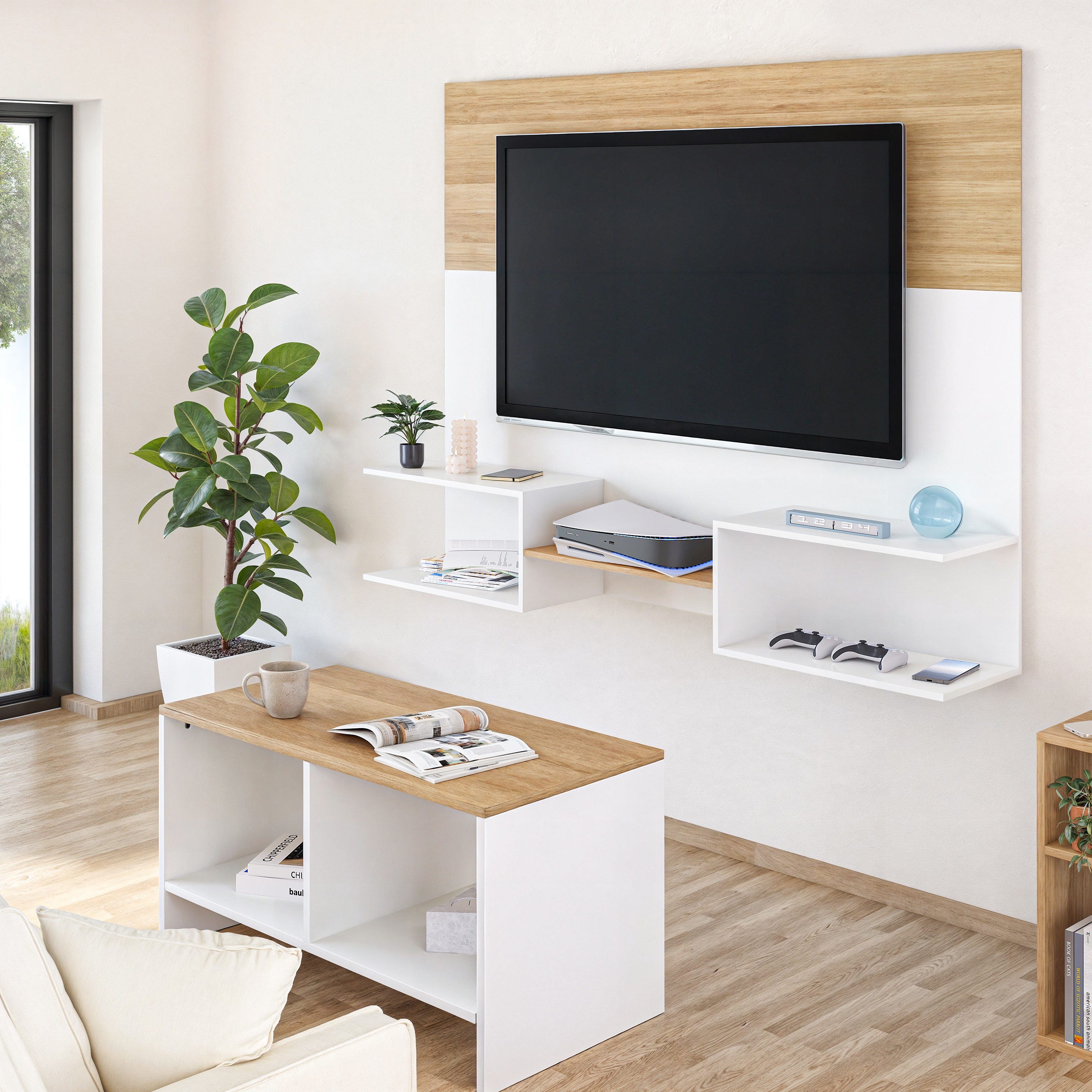Foto 5 pulgar | Mueble De Tv Panel Dúo, Moru, Blanco Y Roble