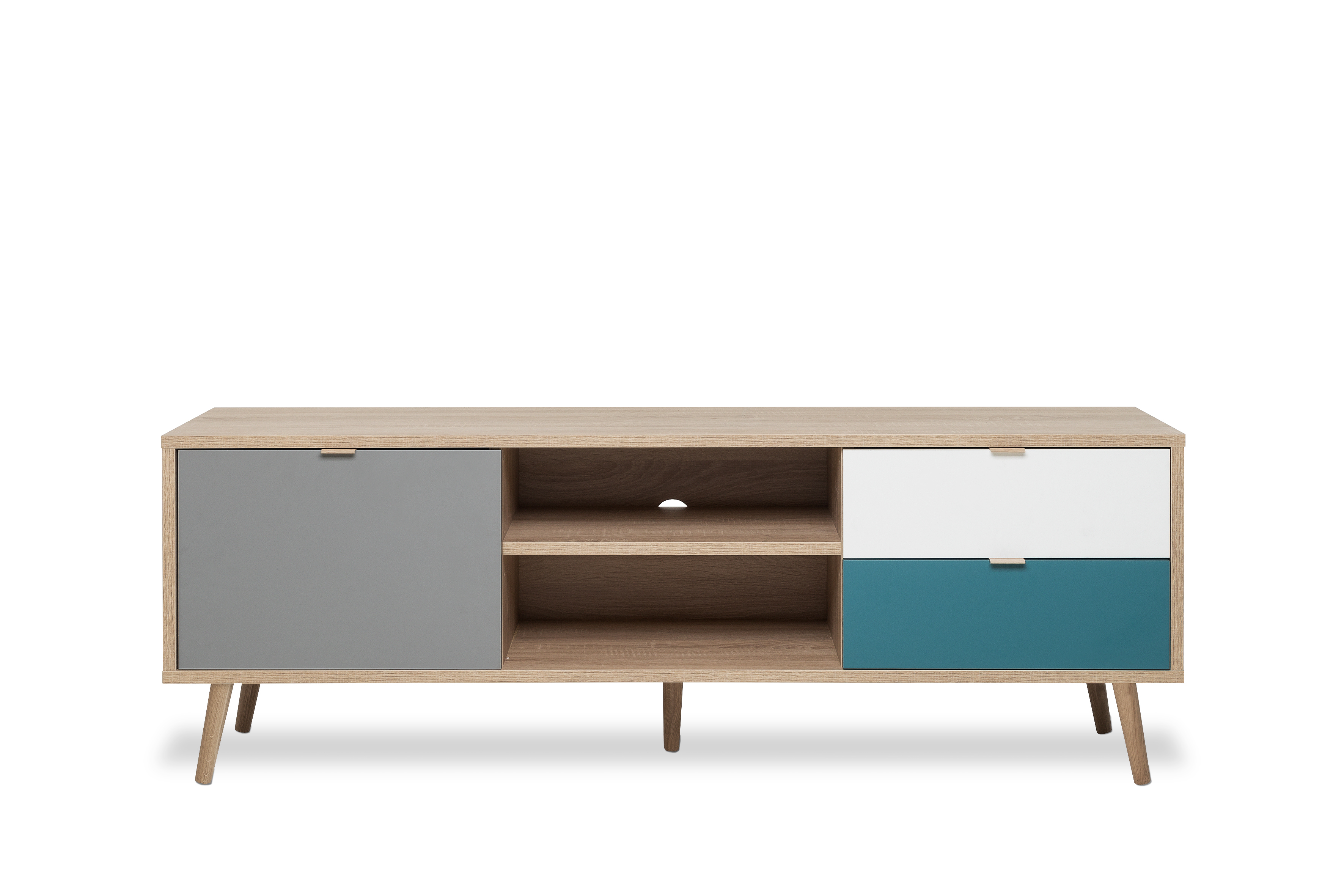 Mesa Para Tv Multicolor Con 1 Puerta Y 2 Cajones Para Almacenamiento Con Patas De Madera Y Estructura Mdf