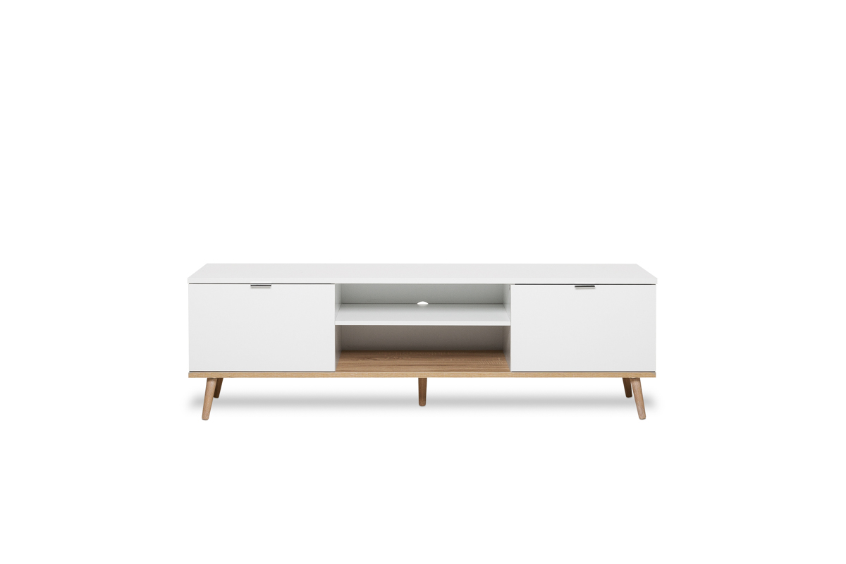Foto 2 pulgar | Mesa Para Tv Blanca Con 2 Puertas Para Almacenamiento Con Patas De Madera Y Estructura Mdf