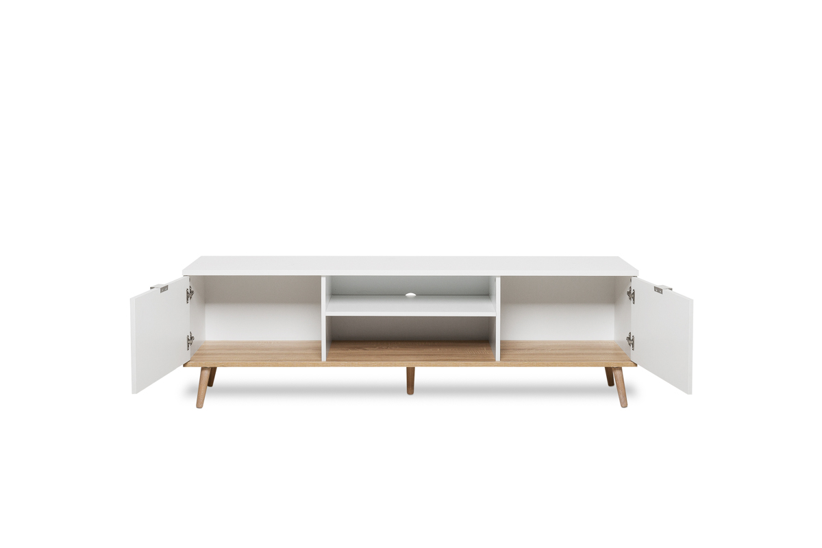 Foto 4 pulgar | Mesa Para Tv Blanca Con 2 Puertas Para Almacenamiento Con Patas De Madera Y Estructura Mdf