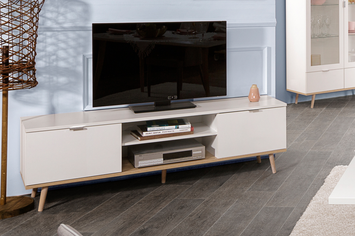 Foto 6 pulgar | Mesa Para Tv Blanca Con 2 Puertas Para Almacenamiento Con Patas De Madera Y Estructura Mdf