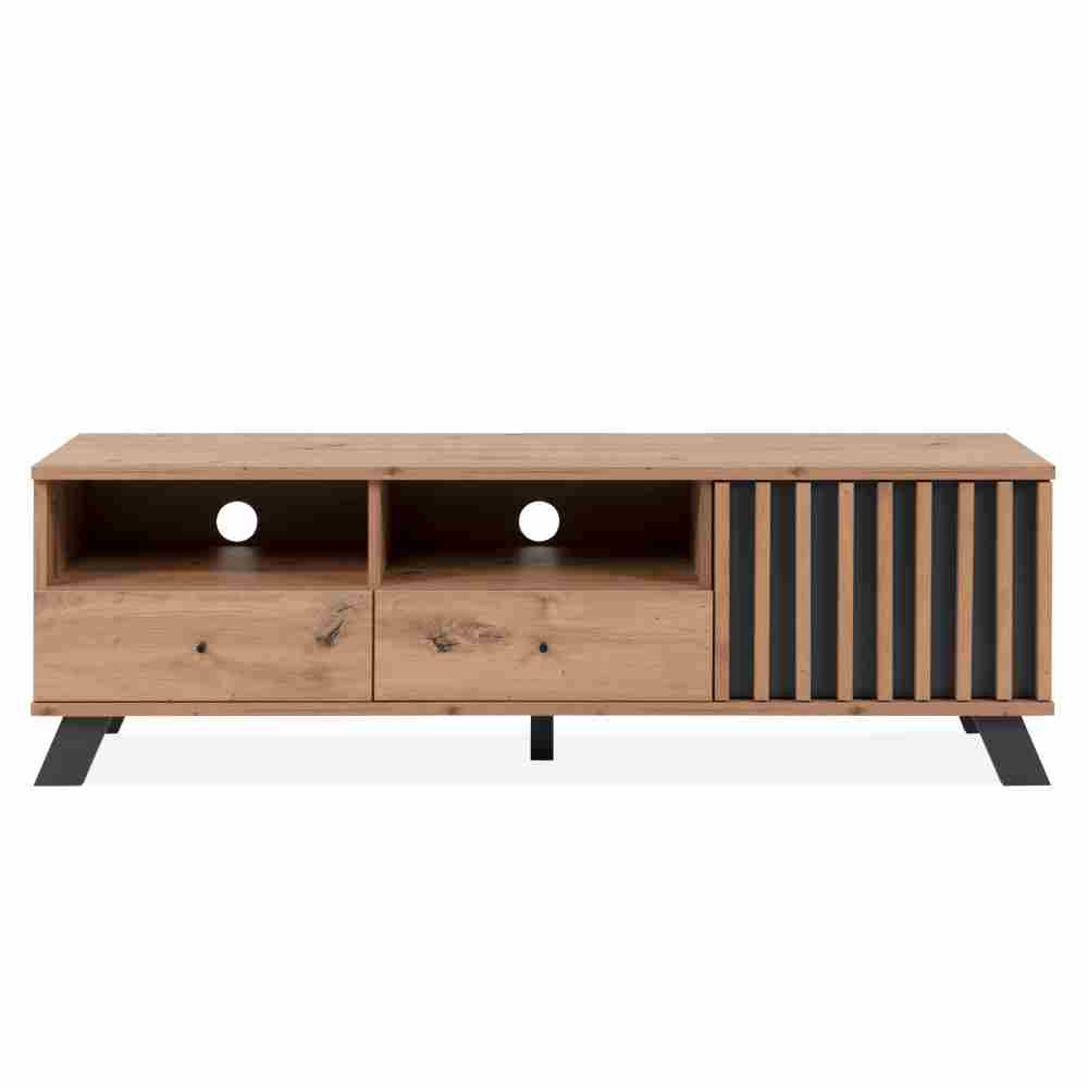Mueble De Tv Negro Y Roble Con 1 Puerta, 2 Cajones Y 2 Compartimentos Hecho De Madera Industrializada 138cm (anc
