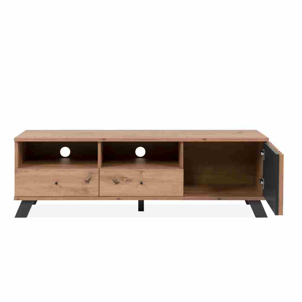 Foto 3 pulgar | Mueble De Tv Negro Y Roble Con 1 Puerta, 2 Cajones Y 2 Compartimentos Hecho De Madera Industrializada 138cm (anc
