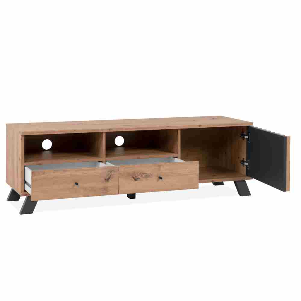 Foto 6 pulgar | Mueble De Tv Negro Y Roble Con 1 Puerta, 2 Cajones Y 2 Compartimentos Hecho De Madera Industrializada 138cm (anc