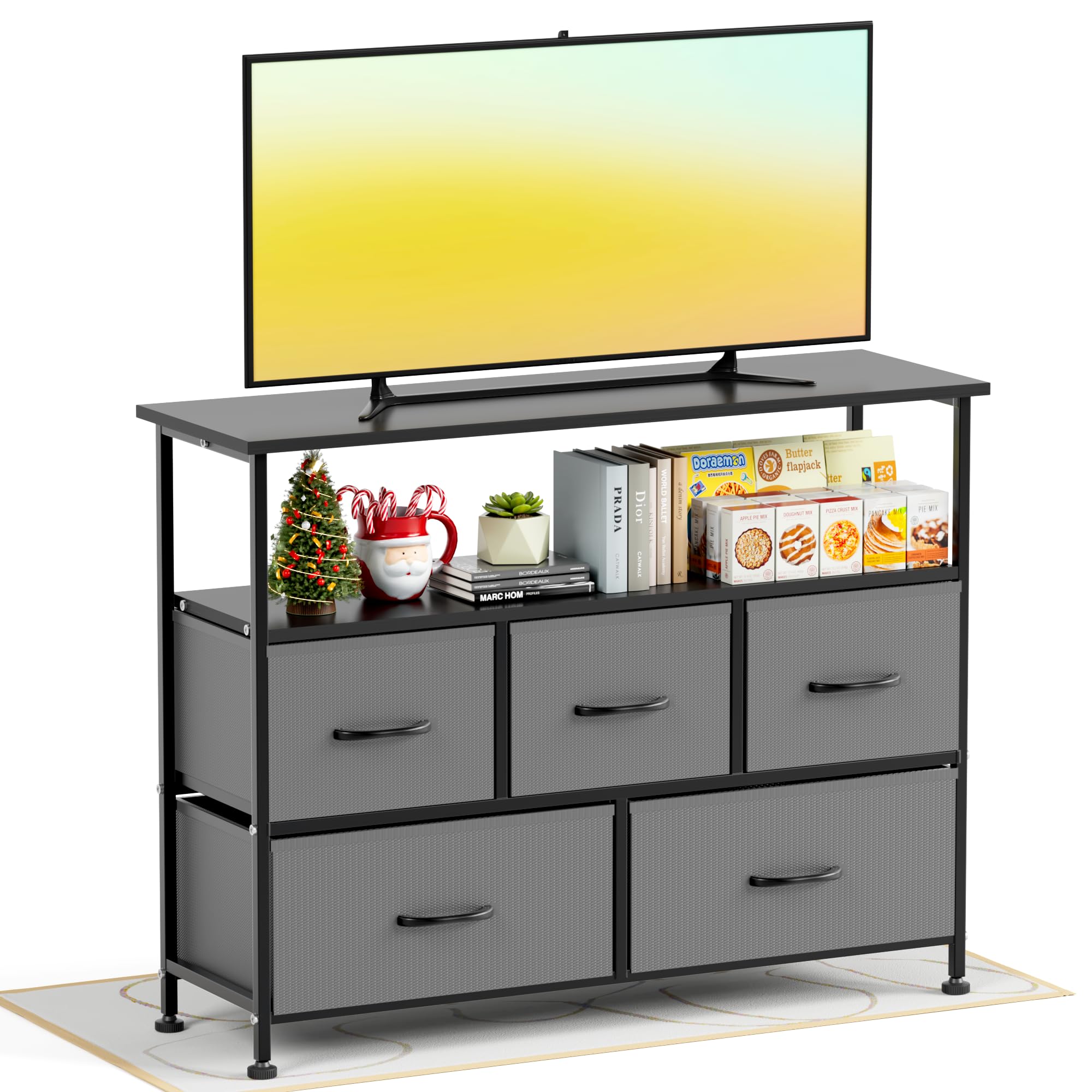 Mueble Para Tv, Tocador Simple Deluxe Con 5 Cajones De Tela, Color Gris - Venta Internacional.