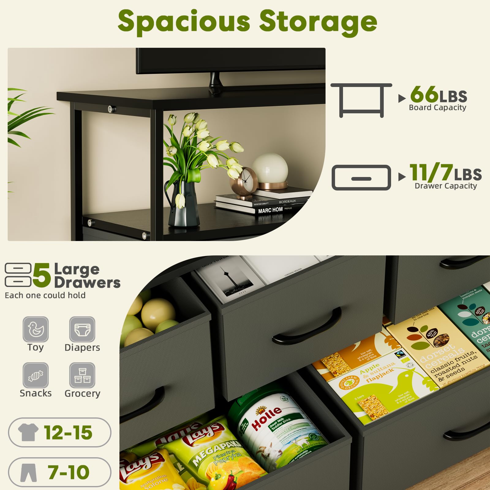 Foto 4 | Mueble Para Tv, Tocador Simple Deluxe Con 5 Cajones De Tela, Color Gris - Venta Internacional.