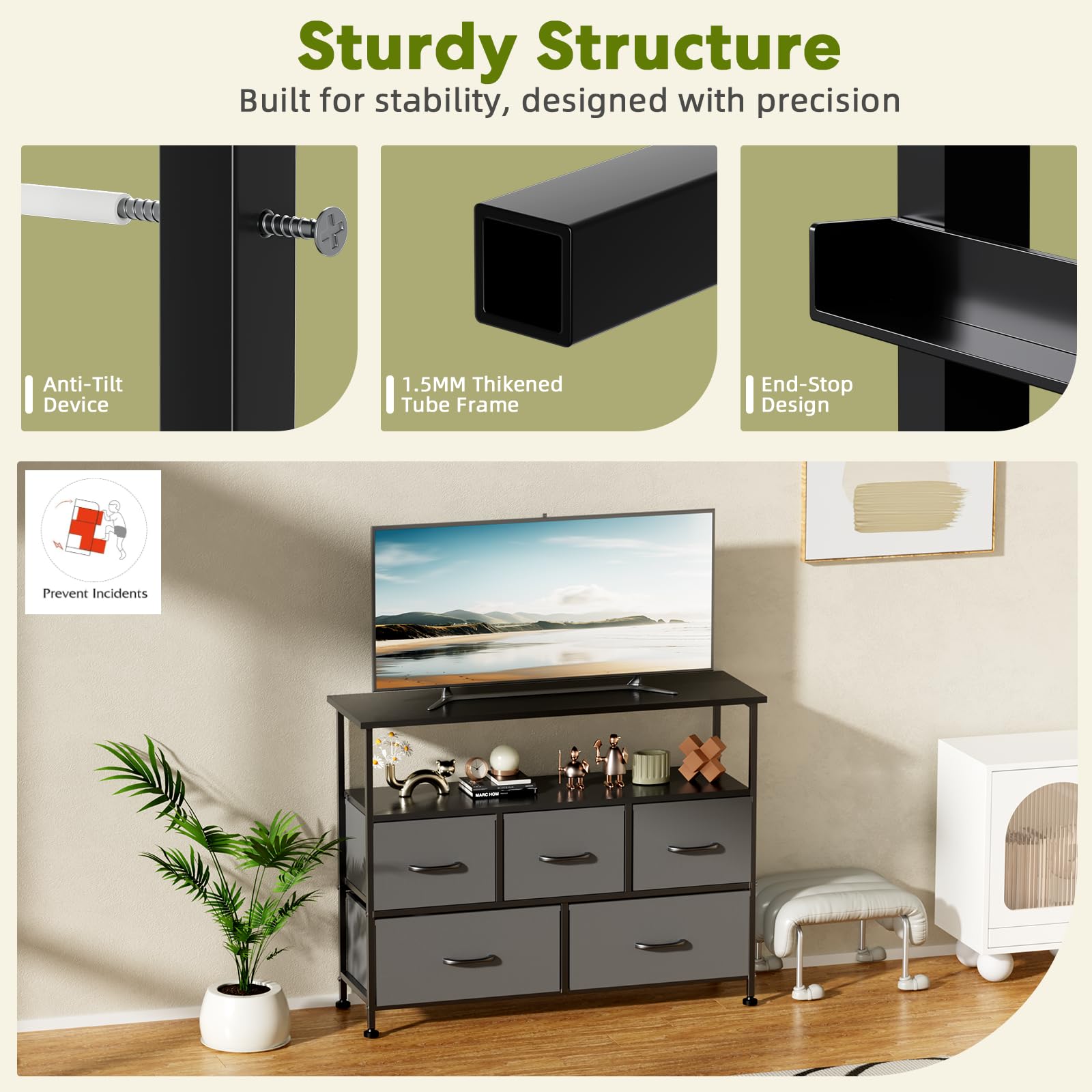 Foto 6 pulgar | Mueble Para Tv, Tocador Simple Deluxe Con 5 Cajones De Tela, Color Gris - Venta Internacional.