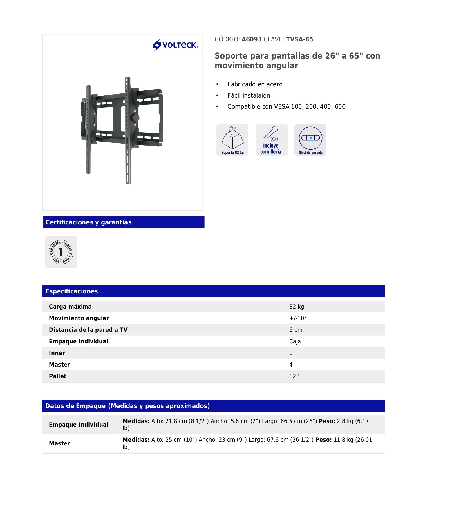 Foto 6 | Soporte Para Pantallas De 26'' A 65'' Con Movimiento Angular