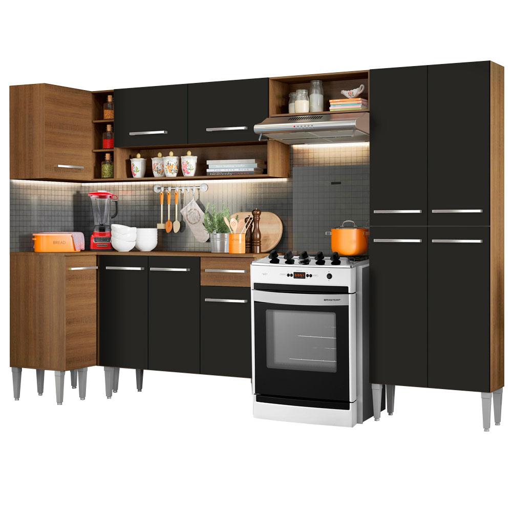 Cocina Integral Esquinera Completa Madesa Emilly Sun 01 Marrón y Negro 353 cm