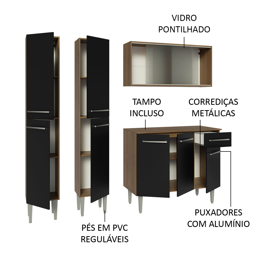 Foto 5 pulgar | Madesa Gabinete De Cocina Integral Compacta 169 Cm Emilly Rustic/negro 10