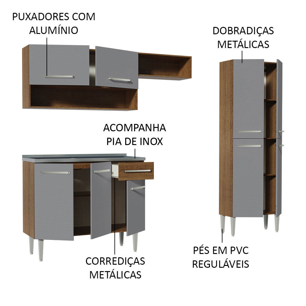 Foto 5 pulgar | Gabinete de Cocina Integral con Fregadero Madesa Emilly Rústico y Gris 10 229 cm