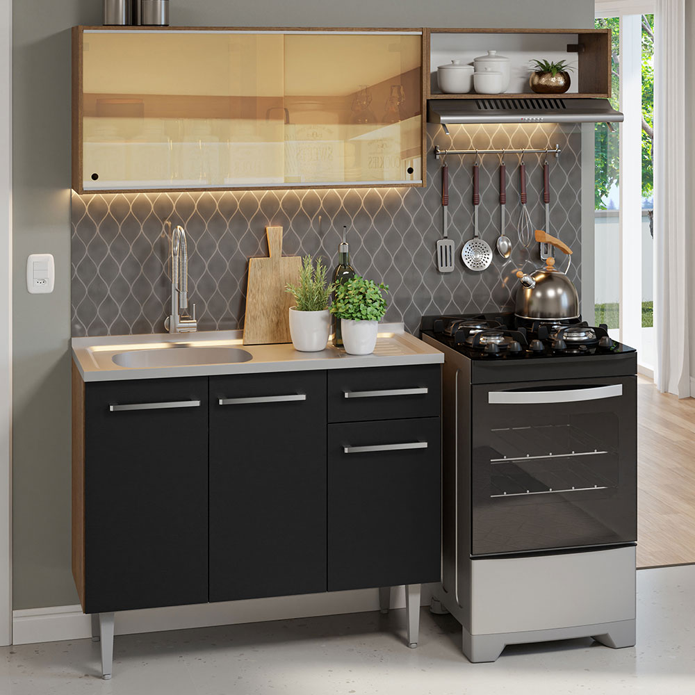 Foto 2 pulgar | Gabinete de Cocina Integral Compacta Madesa Emilly Rustic y Negro 06 Con Fregadero 165 cm