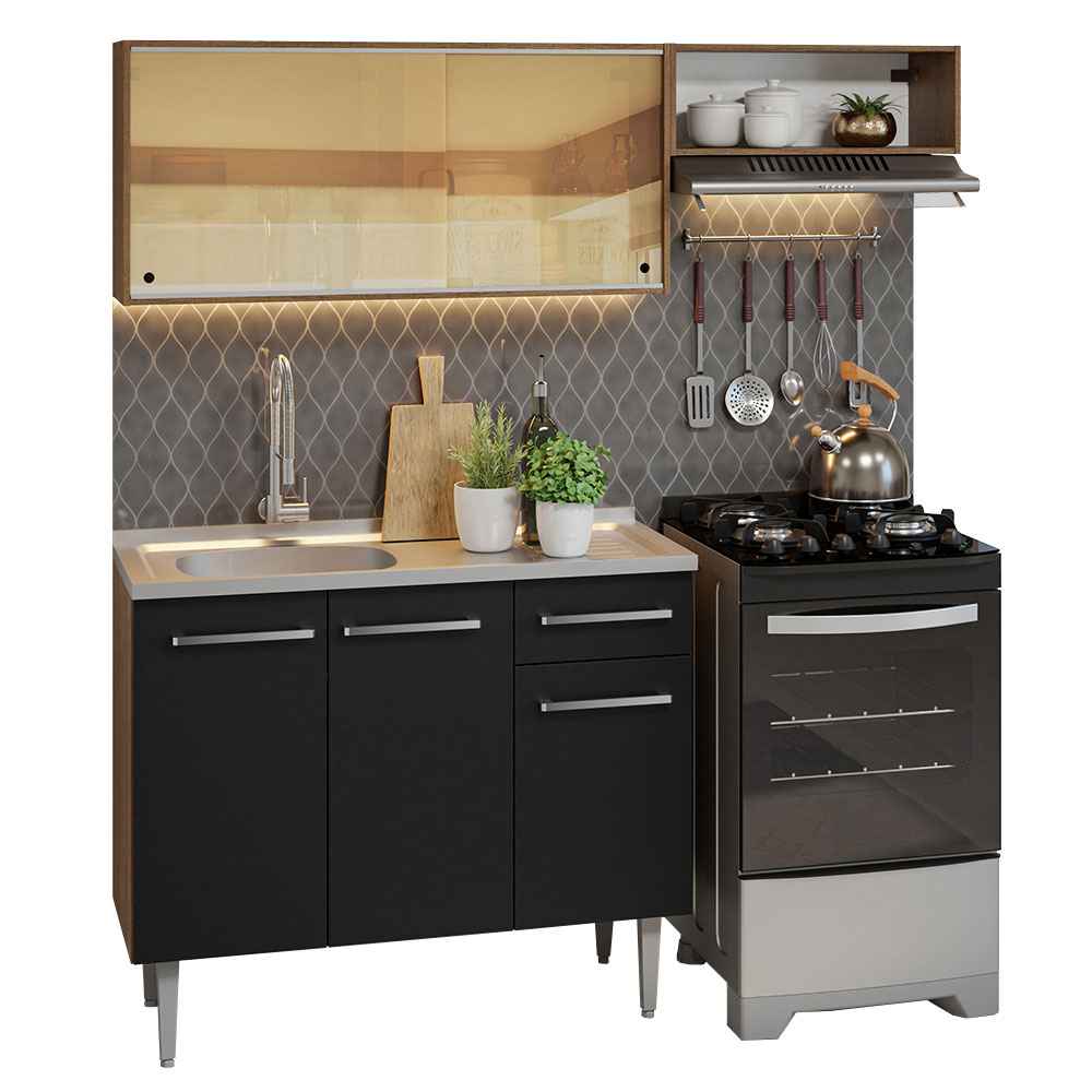 Foto 2 | Gabinete de Cocina Integral Compacta Madesa Emilly Rustic y Negro 06 Con Fregadero 165 cm