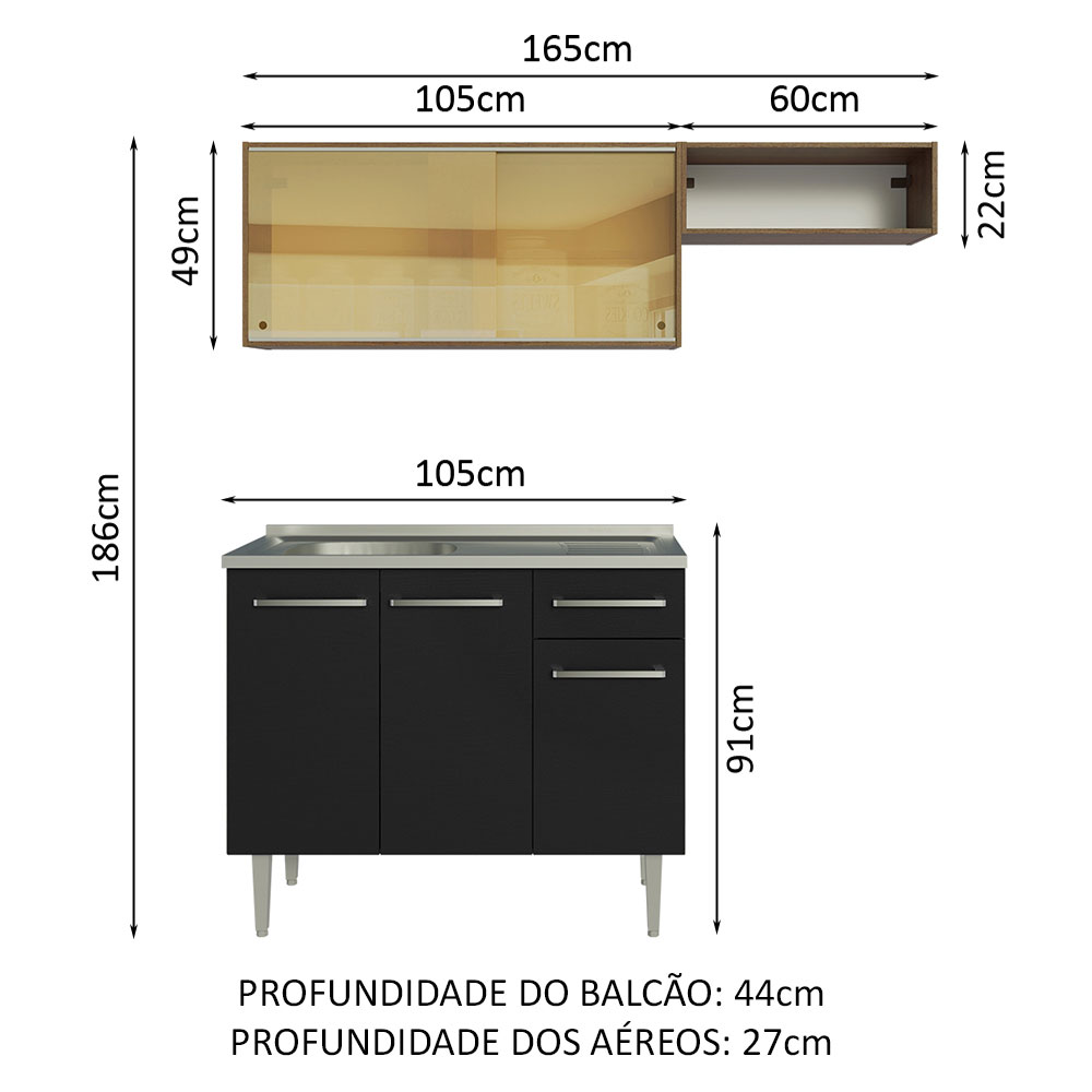 Foto 4 pulgar | Gabinete de Cocina Integral Compacta Madesa Emilly Rustic y Negro 06 Con Fregadero 165 cm