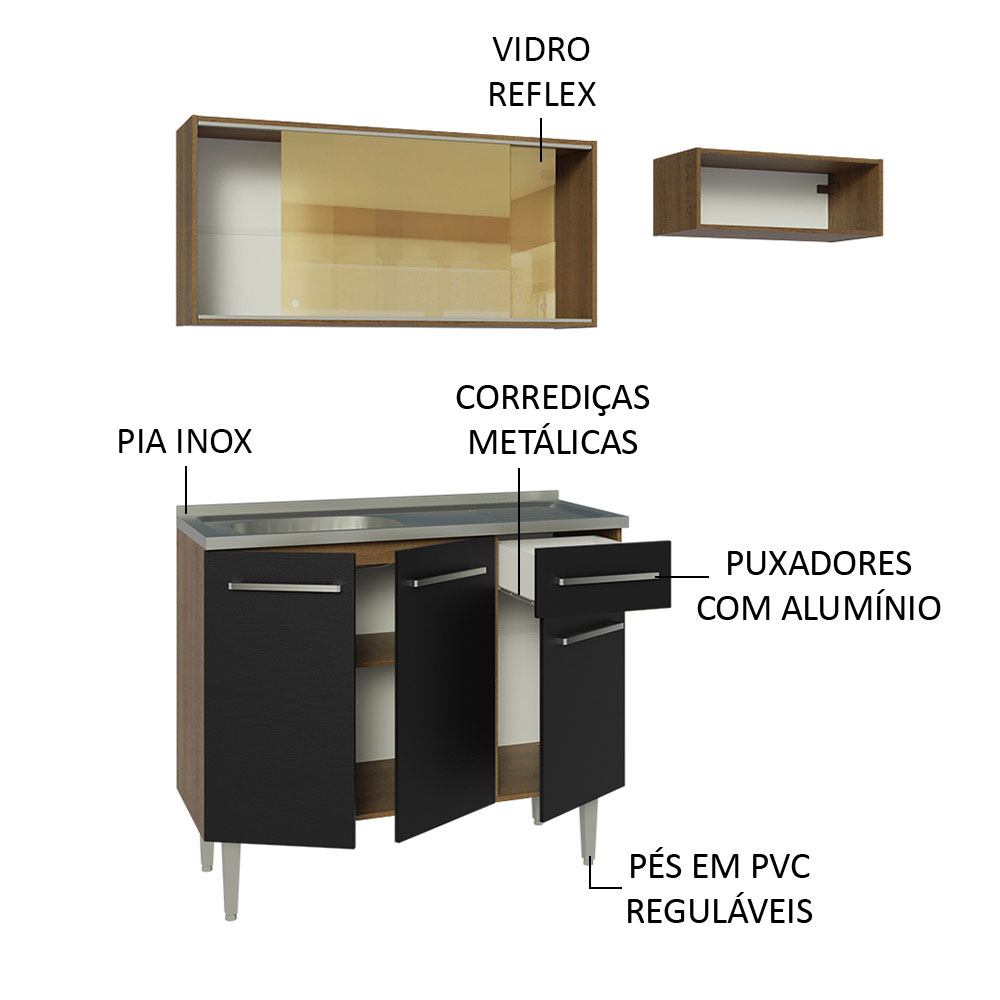 Foto 5 pulgar | Gabinete de Cocina Integral Compacta Madesa Emilly Rustic y Negro 06 Con Fregadero 165 cm