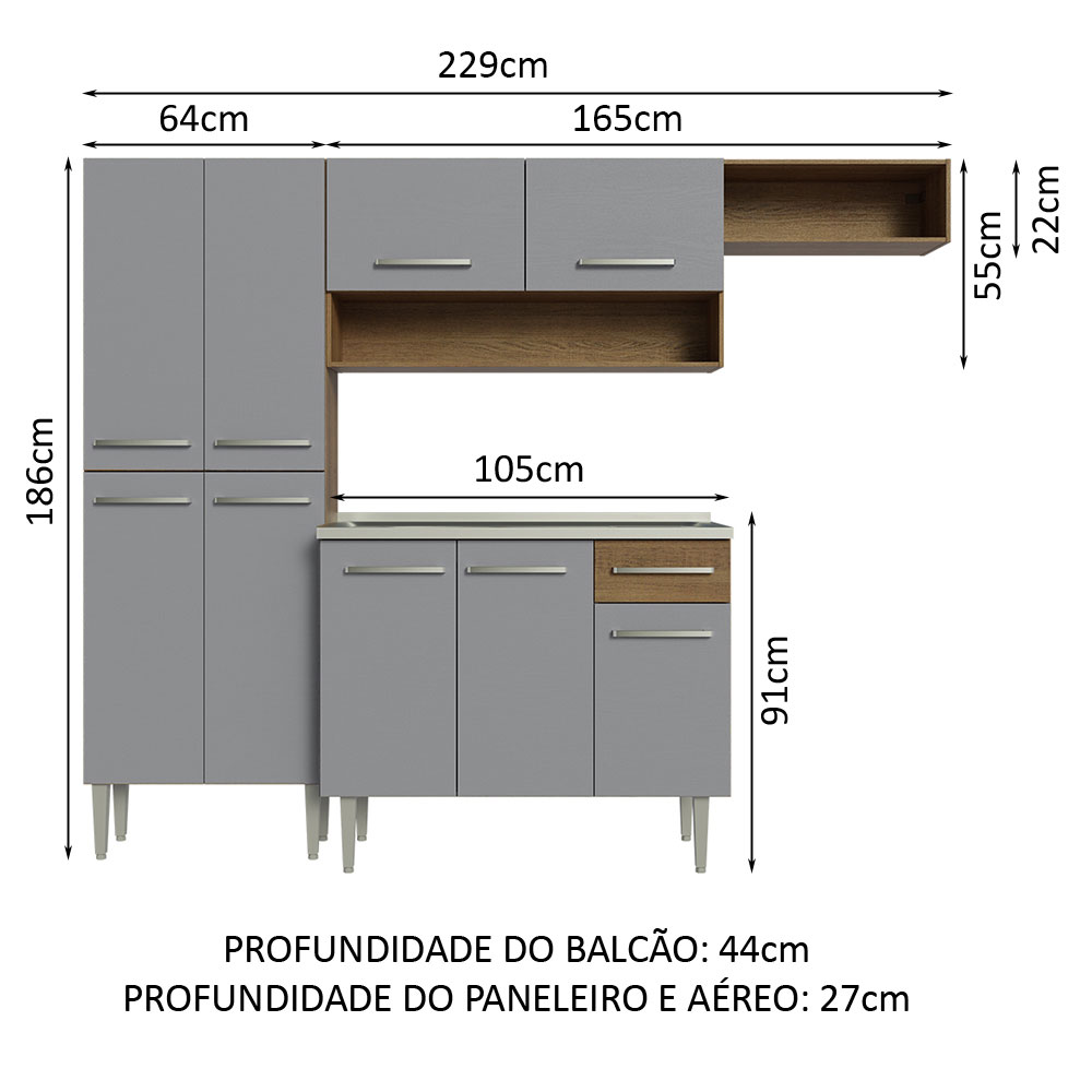 Foto 4 pulgar | Gabinete de Cocina Integral con Fregadero Madesa Emilly Rústico y 12 Gris 229 cm