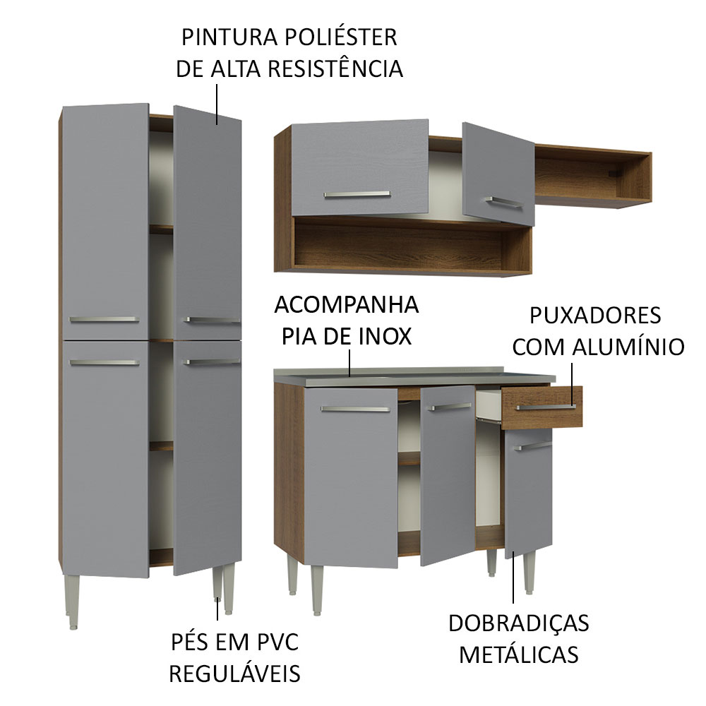 Foto 5 pulgar | Gabinete de Cocina Integral con Fregadero Madesa Emilly Rústico y 12 Gris 229 cm