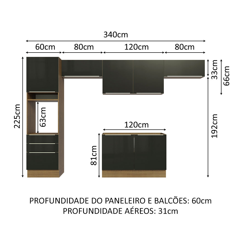 Foto 3 | Madesa Gabinete De Cocina Integral Completa 340 Cm Lux Rústico/negro 01