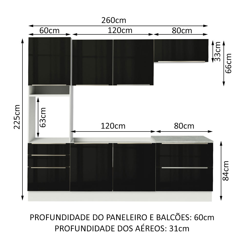 Foto 4 pulgar | Madesa Gabinete De Cocina Integral Completa 260 Cm Lux Blanco/negro 01