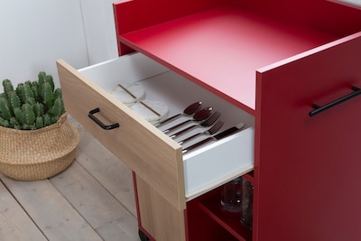 Foto 5 | Alacena Con Ruedas Color Rojo Y Madera Con 1 Puerta, 1 Cajón Y 2 Entrepaños Con Estructura De Madera Industrial