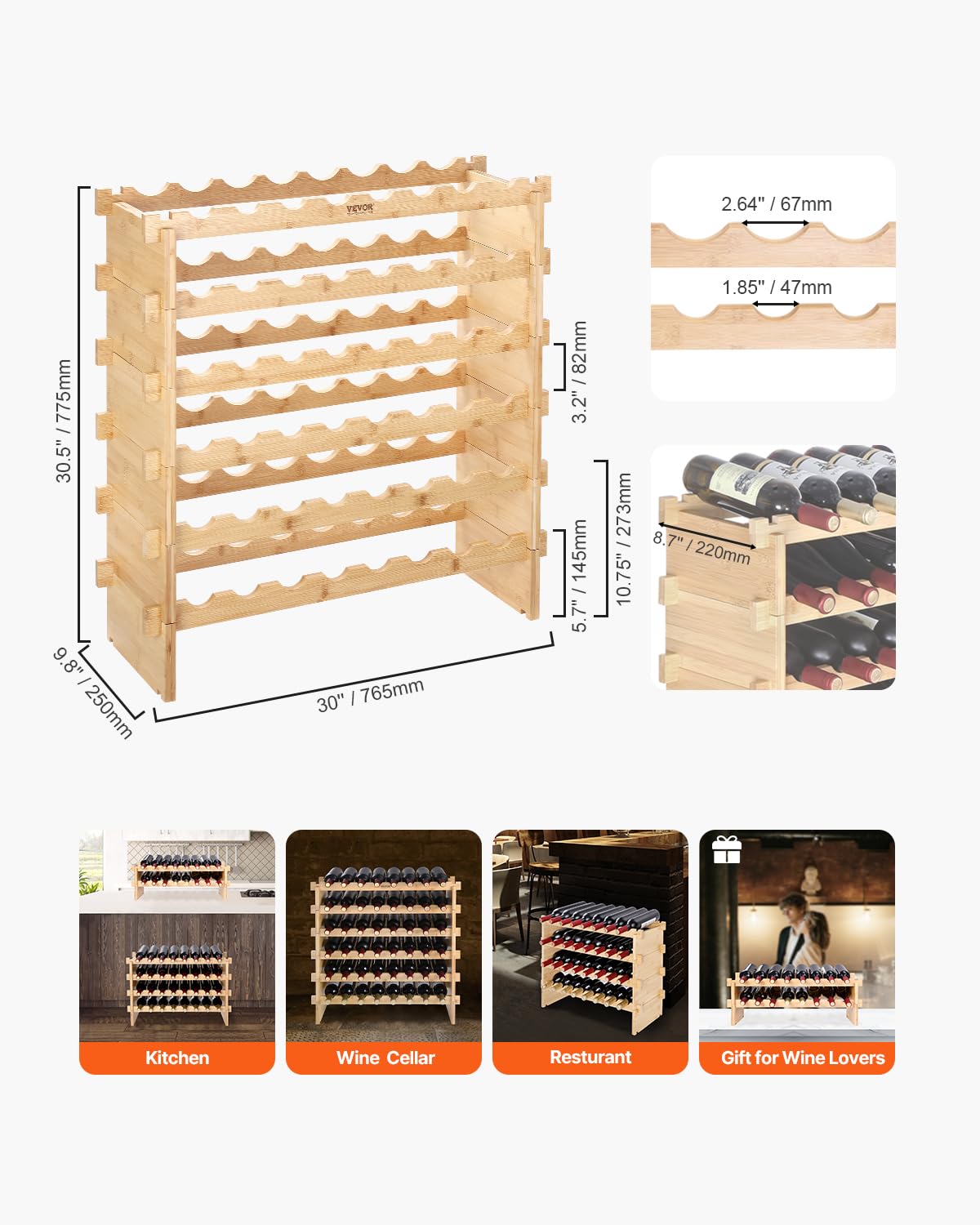 Foto 7 | Botellero Vevor, Apilable, Modular, 6 Niveles, 48 Botellas, Madera De Bambú - Venta Internacional.
