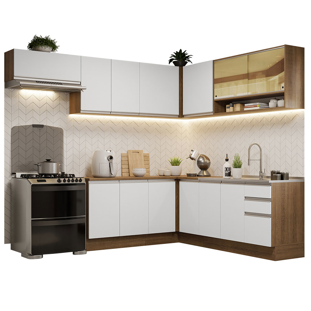 Cocina Integral Esquinera 469 cm Marrón y Blanco Glamy Madesa 01